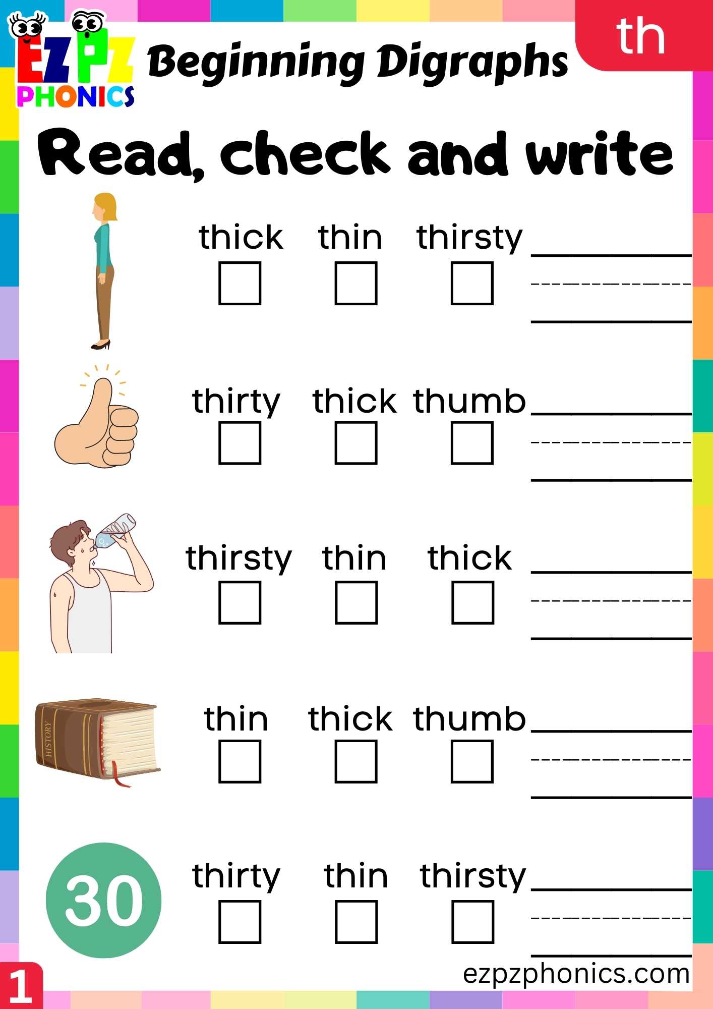 Group1 TH Words Read, Check And Write Consonant Digraphs Phonics Beginning Worksheet